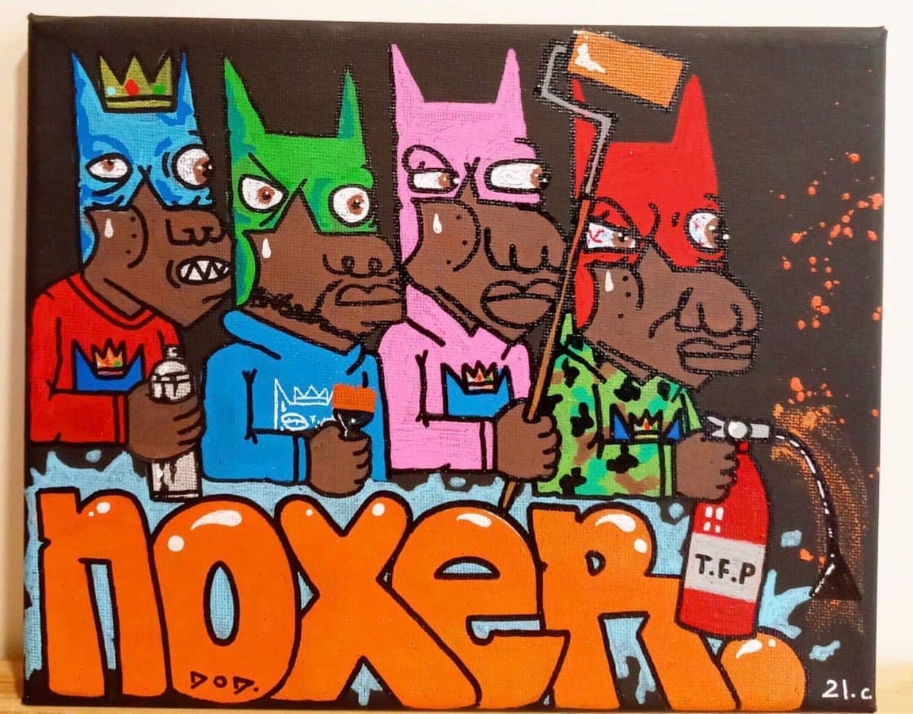 Painting on canvas of four masked characters holding spray cans, a roller and an extinguisher above orange bubble letters