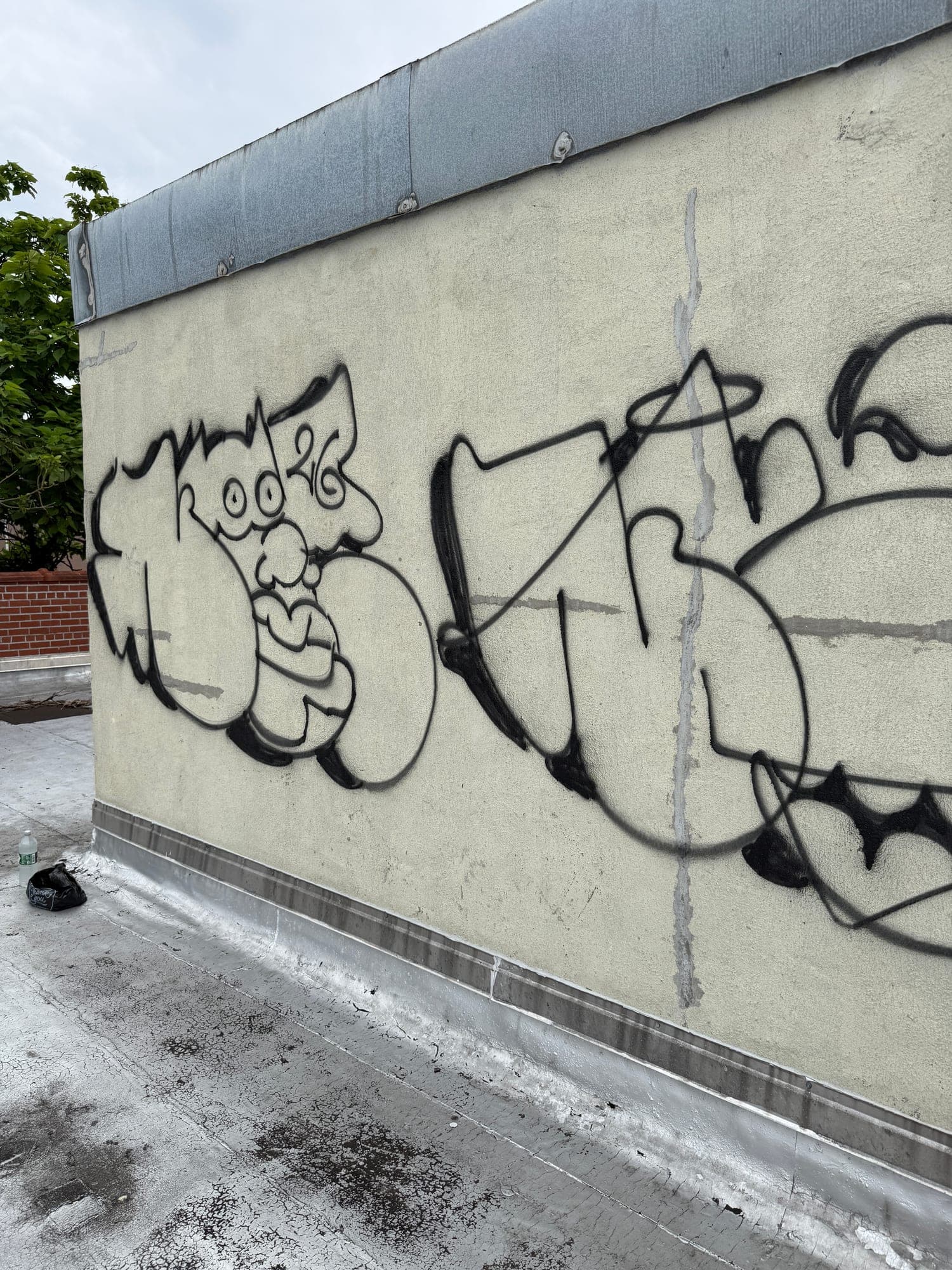 Black outline throw-ups across a pale wall on a rooftop