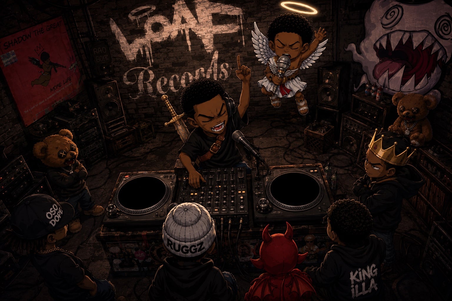 The Loaf Records crew gathered around the DJ decks