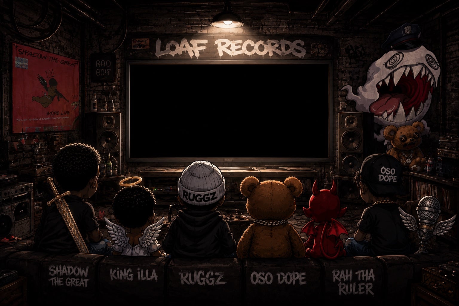 The Loaf Records crew watching the big screen